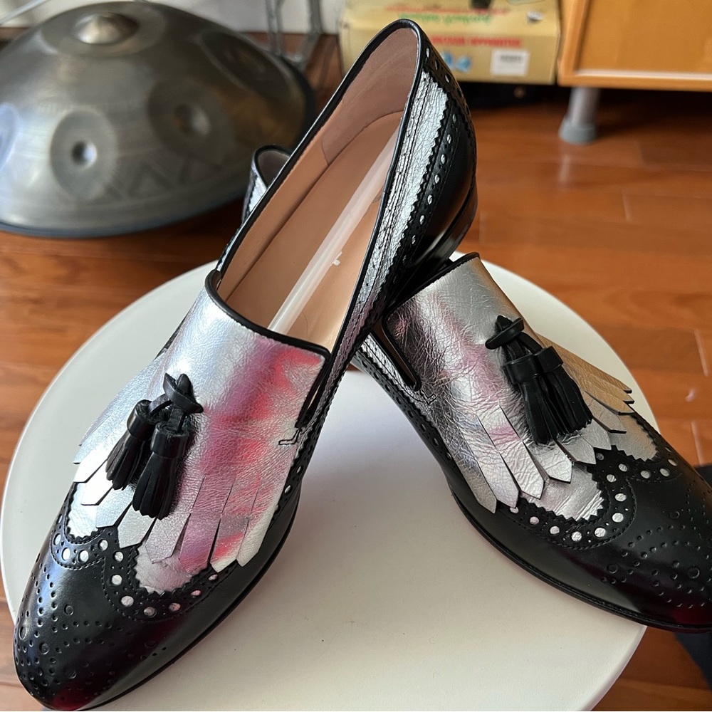 SANTONI GLAZED BLACK/SILVER LEATHER TASSEL LIAFERS SZ40/10B ITALY
